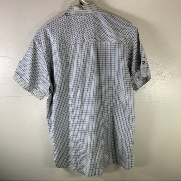 Men’s button-down shirt plaid short sleeve grid pattern white gray large stripes - Picture 5 of 8